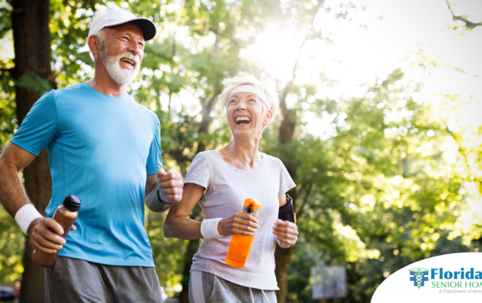 A senior couple enjoys walking outdoors, one of many activities for seniors that can help them stay healthy.